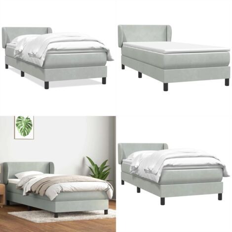 Cama box spring con colchón terciopelo gris claro 80x210 cm - Colchón de muelles ensacados - Cama con cabecero