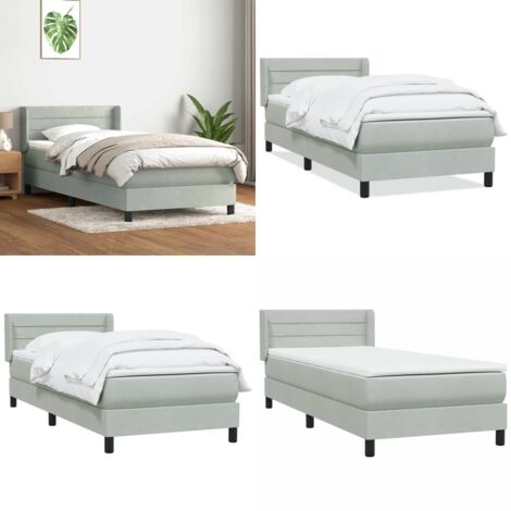 Cama box spring con colchón terciopelo gris claro 80x220 cm - Colchón de muelles ensacados - Cama con cabecero