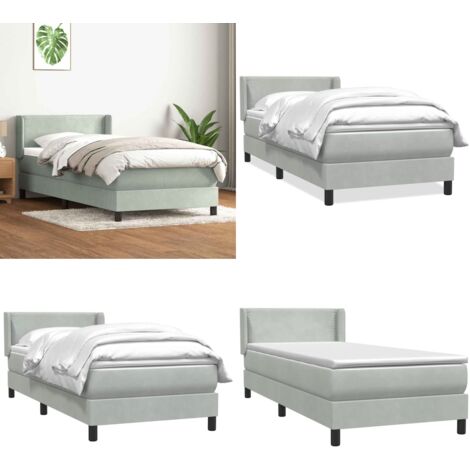 Cama box spring con colchón terciopelo gris claro 80x220 cm - Colchón de muelles ensacados - Cama con cabecero