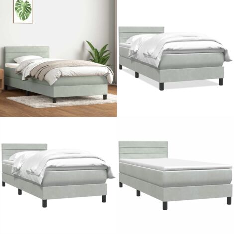 Cama box spring con colchón terciopelo gris claro 80x220 cm - Colchón de muelles ensacados - Cama con cabecero ajustable