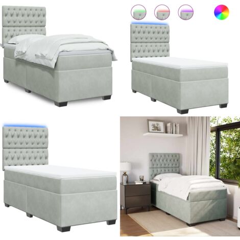 Cama box spring con colchón terciopelo gris claro 90x190 cm - Cama de muelles ensacados - Cama con luz LED