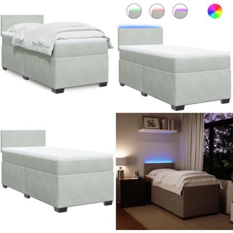 Cama box spring con colchón terciopelo gris claro 90x190 cm - Cama de muelles ensacados - Cama con luz LED