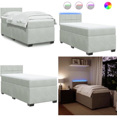 Cama box spring con colchón terciopelo gris claro 90x190 cm - Cama de muelles ensacados - Cama con luz LED