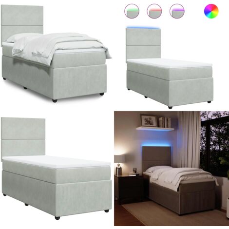 Cama box spring con colchón terciopelo gris claro 90x190 cm - Cama de muelles ensacados - Cama con luz LED