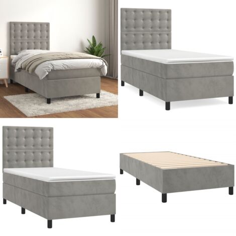 Cama box spring con colchón terciopelo gris claro 90x190 cm - Colchón de muelles - Cama de muelles