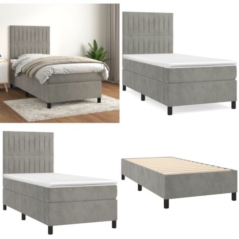 Cama box spring con colchón terciopelo gris claro 90x190 cm - Colchón de muelles - Cama de muelles