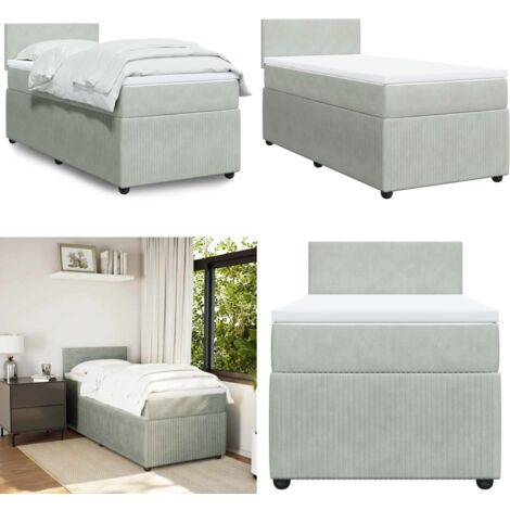 Cama box spring con colchón terciopelo gris claro 90x190 cm - Colchón de muelles ensacados - Cama box spring