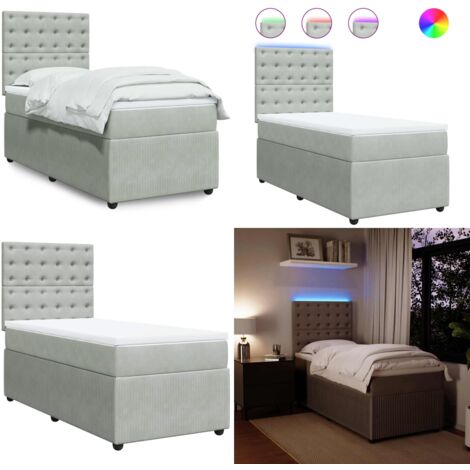Cama box spring con colchón terciopelo gris claro 90x190 cm - Colchón de muelles ensacados - Cama con luz LED