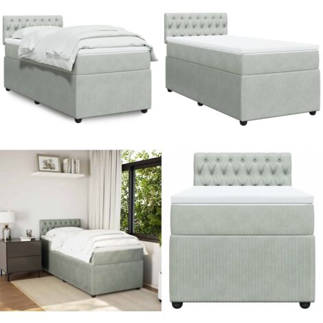 Cama box spring con colchón terciopelo gris claro 90x190 cm - Colchón de muelles ensacados - Cama de muelles