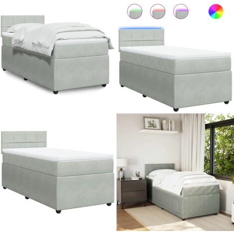 Cama box spring con colchón terciopelo gris claro 90x190 cm - Colchón ensacado - Cama con luz LED