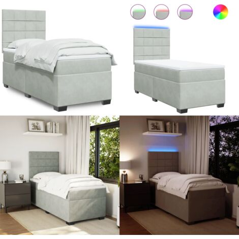 Cama box spring con colchón terciopelo gris claro 90x190 cm - Colchón ensacado - Cama con luz LED
