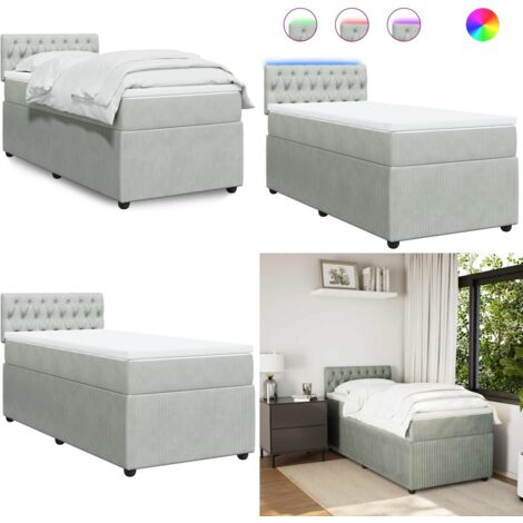 Cama box spring con colchón terciopelo gris claro 90x190 cm - Colchón ensacado - Cama con luz LED