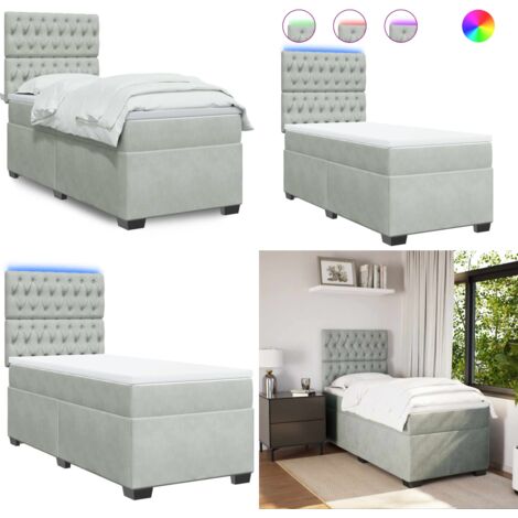Cama box spring con colchón terciopelo gris claro 90x190 cm - Colchón ensacado - Cama con luz LED