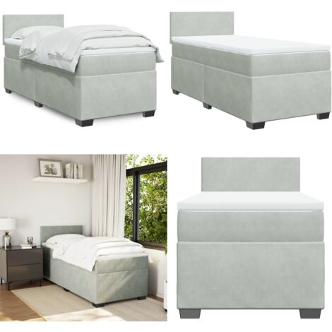 Cama box spring con colchón terciopelo gris claro 90x190 cm - Colchón ensacado - Cama de muelles