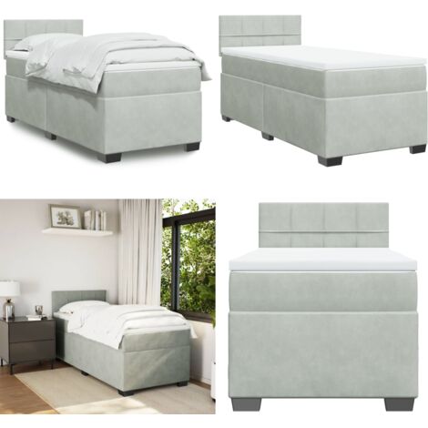 Cama box spring con colchón terciopelo gris claro 90x190 cm - Colchón ensacado - Cama de muelles