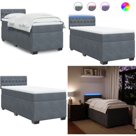Cama box spring con colchón terciopelo gris oscuro 100x200 cm - Colchón de muelles ensacados - Cama con luces LED