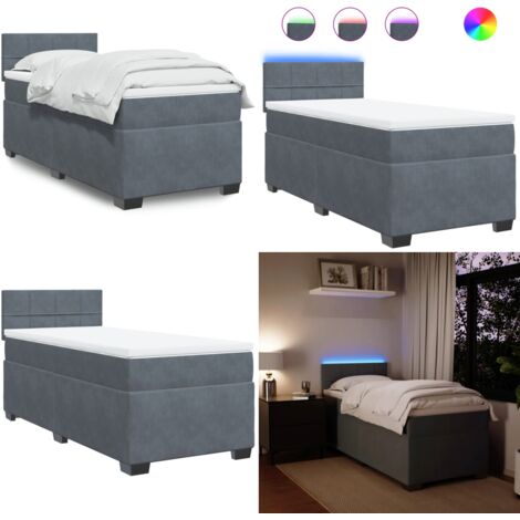 Cama box spring con colchón terciopelo gris oscuro 80x200 cm - Cama de muelles ensacados - Cama con luces LED