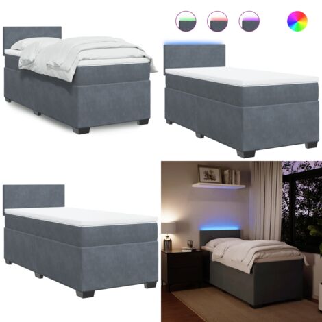Cama box spring con colchón terciopelo gris oscuro 90x190 cm - Colchón ensacado - Cama con luz LED