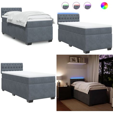 Cama box spring con colchón terciopelo gris oscuro 90x190 cm - Colchón ensacado - Cama con luz LED