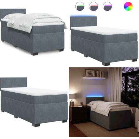 Cama box spring con colchón terciopelo gris oscuro 90x200 cm - Cama con luz LED - Colchón ensacado