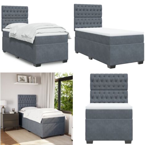 Cama box spring con colchón terciopelo gris oscuro 90x200 cm - Colchón de muelles ensacados - Cama con cabecero ajustable