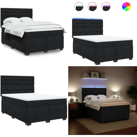 Cama box spring con colchón terciopelo negro 140x200 cm - Cama de muelles ensacados - Cama con luz LED