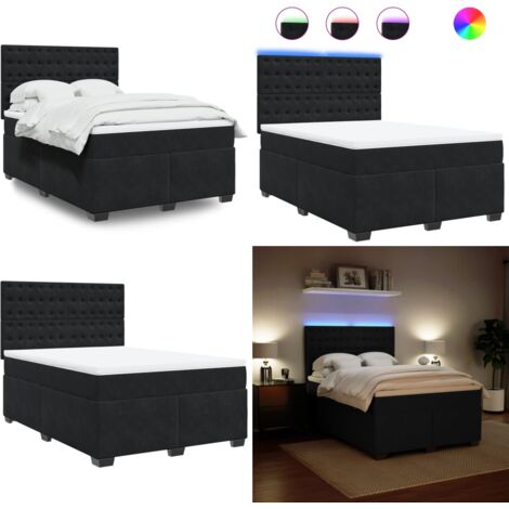 Cama box spring con colchón terciopelo negro 140x200 cm - Cama de muelles ensacados - Cama con luz LED