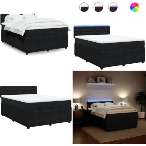 Cama box spring con colchón terciopelo negro 140x200 cm - Colchón de muelles ensacados - Cama con luz LED