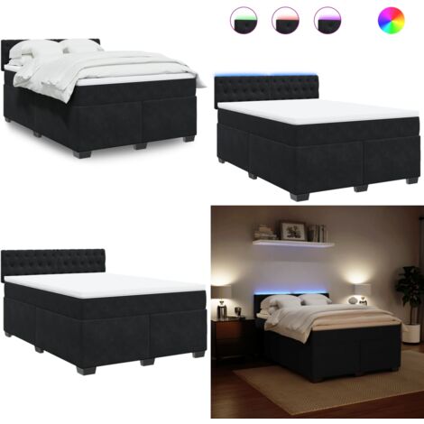 Cama box spring con colchón terciopelo negro 140x200 cm - Colchón de muelles ensacados - Cama con luz LED