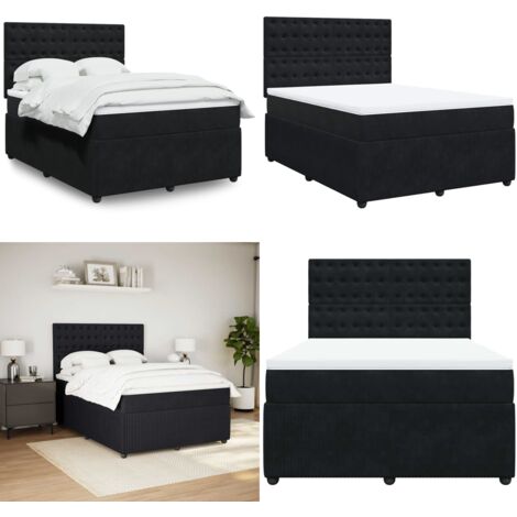 Cama box spring con colchón terciopelo negro 140x200 cm - Colchón de muelles ensacados - Cama de muelles