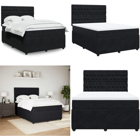 Cama box spring con colchón terciopelo negro 160x200 cm - Colchón de muelles ensacados - Cama box spring