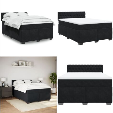 Cama box spring con colchón terciopelo negro 160x200 cm - Colchón de muelles ensacados - Cama de muelles