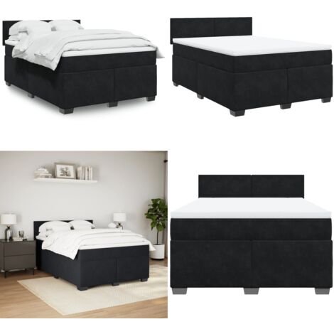 Cama box spring con colchón terciopelo negro 160x200 cm - Colchón de muelles ensacados - Cama de muelles