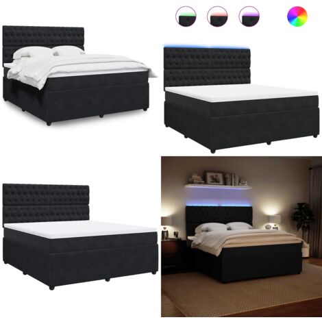 Cama box spring con colchón terciopelo negro 180x200 cm - Cama de muelles ensacados - Cama con luz LED