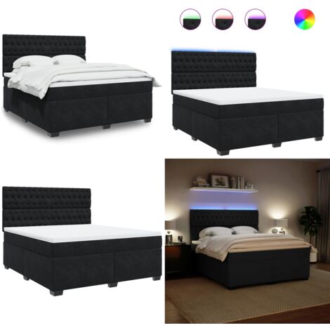 Cama box spring con colchón terciopelo negro 180x200 cm - Cama de muelles ensacados - Cama con luz LED