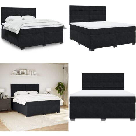 Cama box spring con colchón terciopelo negro 180x200 cm - Colchón de muelles ensacados - Cama con cabecero ajustable