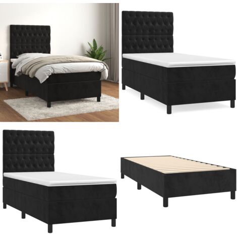 Cama box spring con colchón terciopelo negro 90x200 cm - Colchón de muelles - Cama con cabecero ajustable