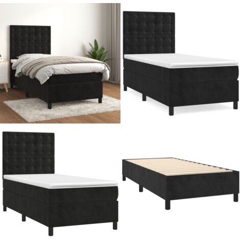 Cama box spring con colchón terciopelo negro 90x200 cm - Colchón de muelles - Cama con cabecero ajustable
