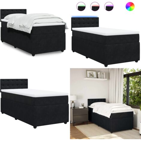 Cama box spring con colchón terciopelo negro 90x200 cm - Colchón de muelles ensacados - Cama con luz LED