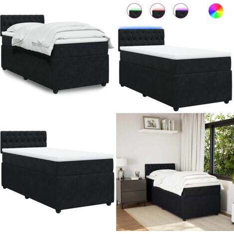 Cama box spring con colchón terciopelo negro 90x200 cm - Colchón de muelles ensacados - Cama con luz LED