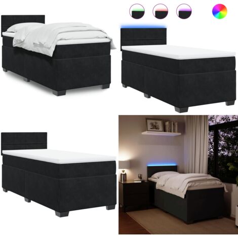 Cama box spring con colchón terciopelo negro 90x200 cm - Colchón de muelles ensacados - Cama con luz LED