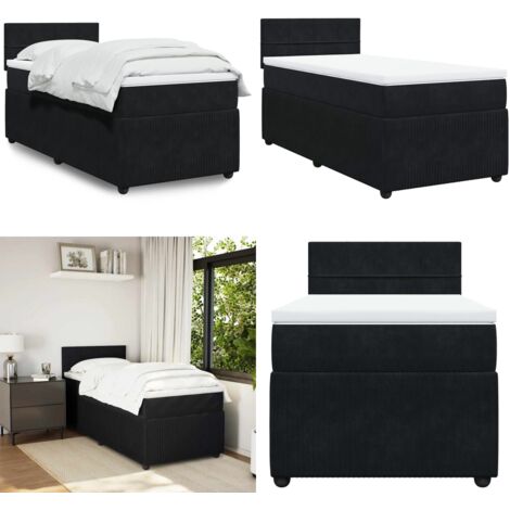 Cama box spring con colchón terciopelo negro 90x200 cm - Colchón de muelles ensacados - Cama de muelles