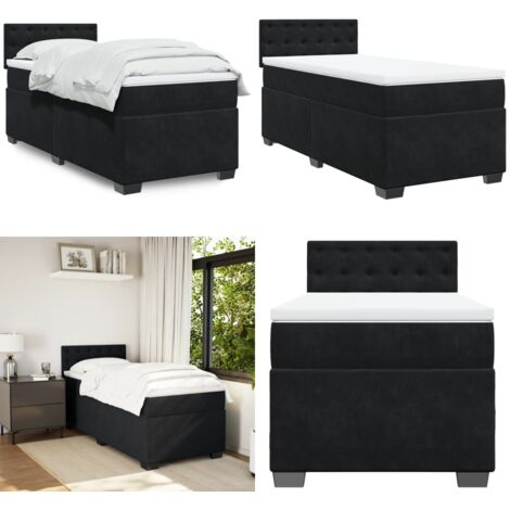 Cama box spring con colchón terciopelo negro 90x200 cm - Colchón de muelles ensacados - Cama de muelles