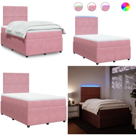 Cama box spring con colchón terciopelo rosa 120x190 cm - Cama de muelles ensacados - Cama con luz LED