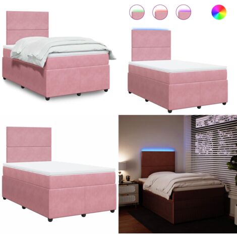 Cama box spring con colchón terciopelo rosa 120x200 cm - Colchón ensacado - Cama con luz LED