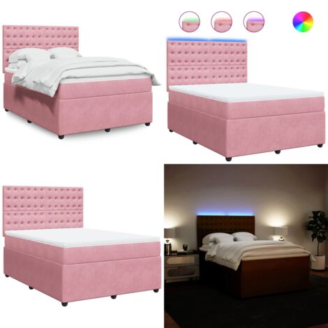 Cama box spring con colchón terciopelo rosa 140x200 cm - Cama de muelles ensacados - Cama con luz LED