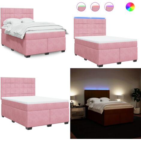 Cama box spring con colchón terciopelo rosa 140x200 cm - Cama de muelles ensacados - Cama con luz LED