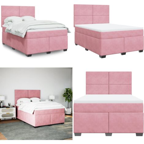 Cama box spring con colchón terciopelo rosa 140x200 cm - Colchón de muelles ensacados - Cama con cabecero ajustable