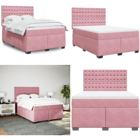 Cama box spring con colchón terciopelo rosa 140x200 cm - Colchón de muelles ensacados - Cama con cabecero ajustable
