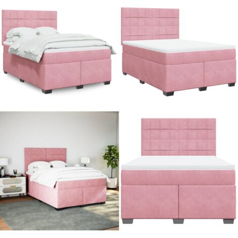 Cama box spring con colchón terciopelo rosa 140x200 cm - Colchón de muelles ensacados - Cama con cabecero ajustable